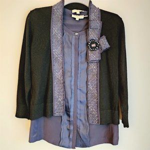 Tory Burch SET - Vicki Merino & Tweed Cardigan & Silk Sleeveless Blouse - XS, 2